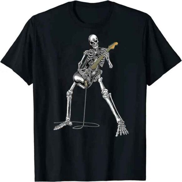 None Other - Musician T- Shirt Black Skeleton Guitar Concert Shirt